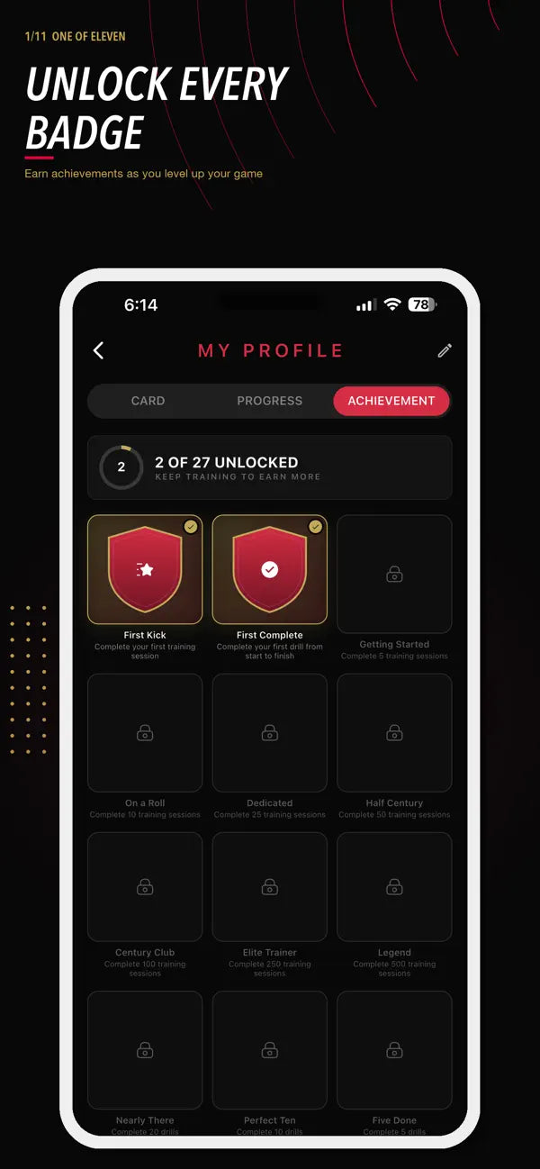 One of Eleven app showing achievements, training time and progress