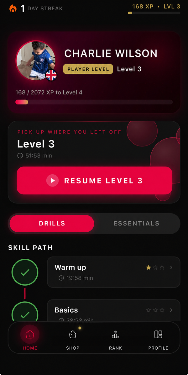 One of Eleven training screen with fictional UK profile Charlie Wilson, Level 3 and the skill path