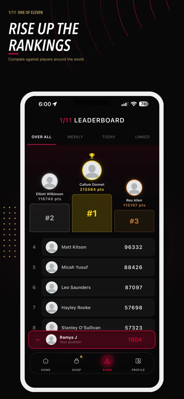 One of Eleven app leaderboard with overall, weekly and daily rankings