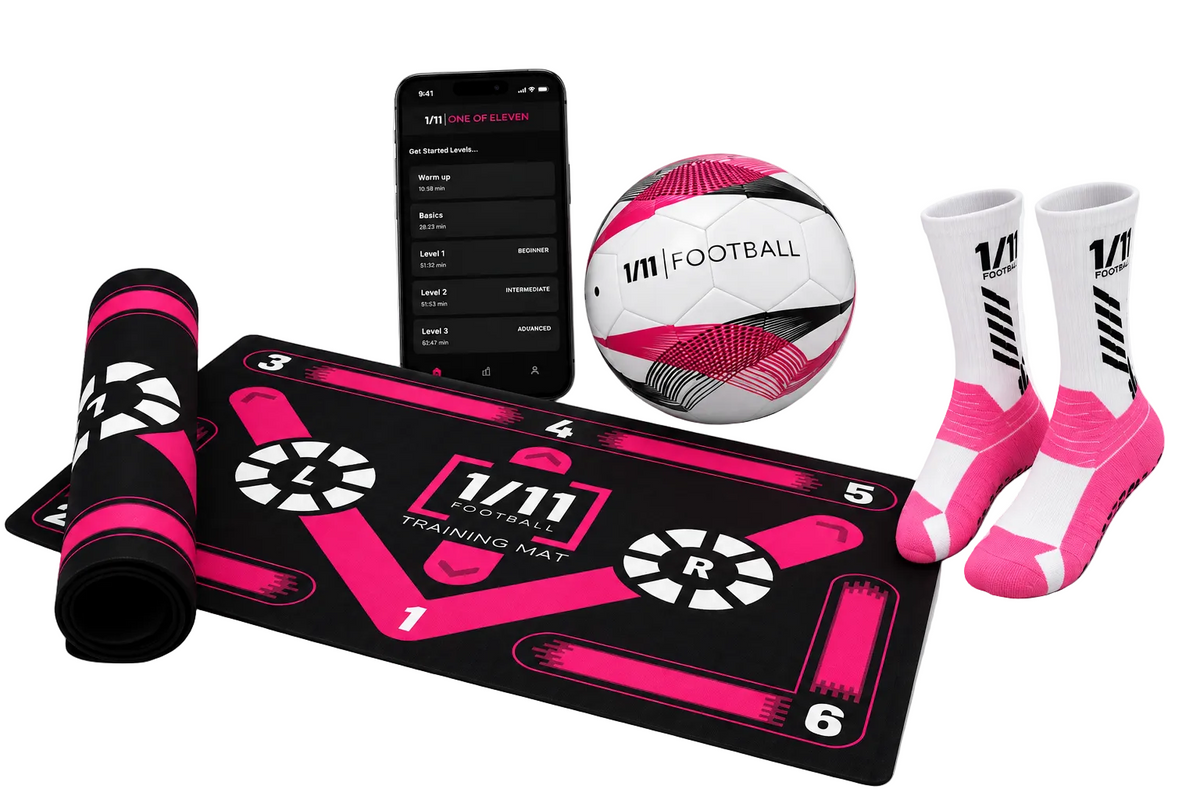 Pink training mat, app, matching football and grip socks